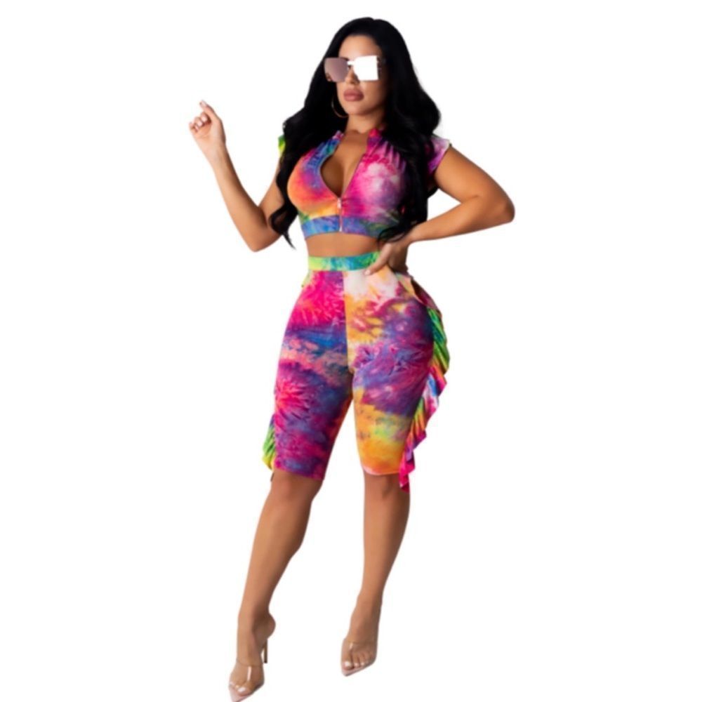 Tie Dye Ruffle Top High Waist Short Rave Festival